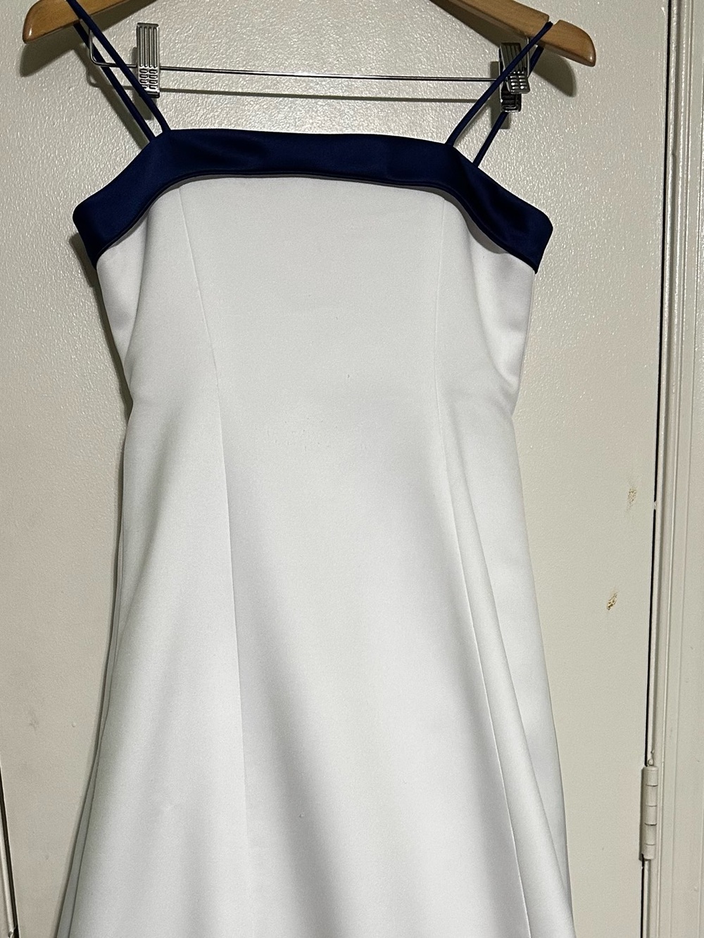 David's Bridal White Satin with Royal Blue Trim A-Line Formal Dress, Size 14.